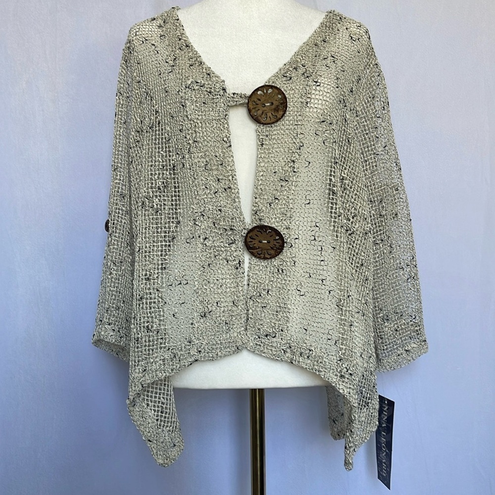 NWT Nina Leonard Open Knit Cardigan Size L Tan Button Closure Lagenlook Coastal